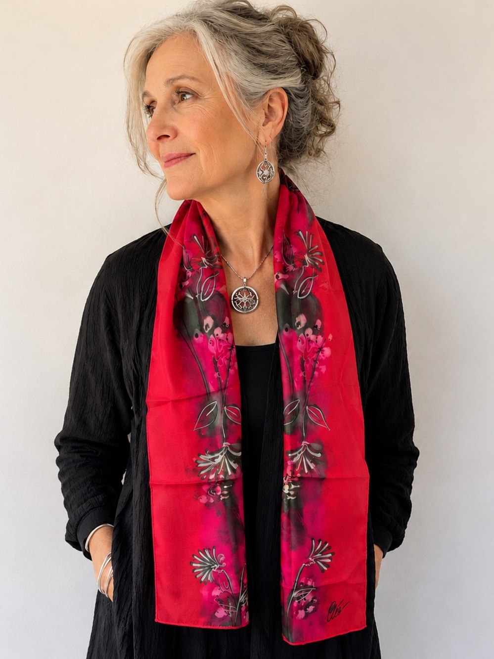 Signed Cleo Hand Painted Silk Scarf Red Floral Wearable Art Made in Canada